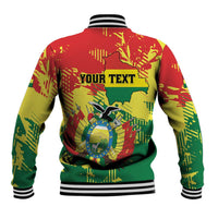 Baseball jacket back with YOUR TEXT graphic in red, yellow, green; striped rib collar