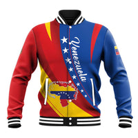 Venezuela baseball jacket, red and blue with star diagonal panel, snap-front and ribbed hem.