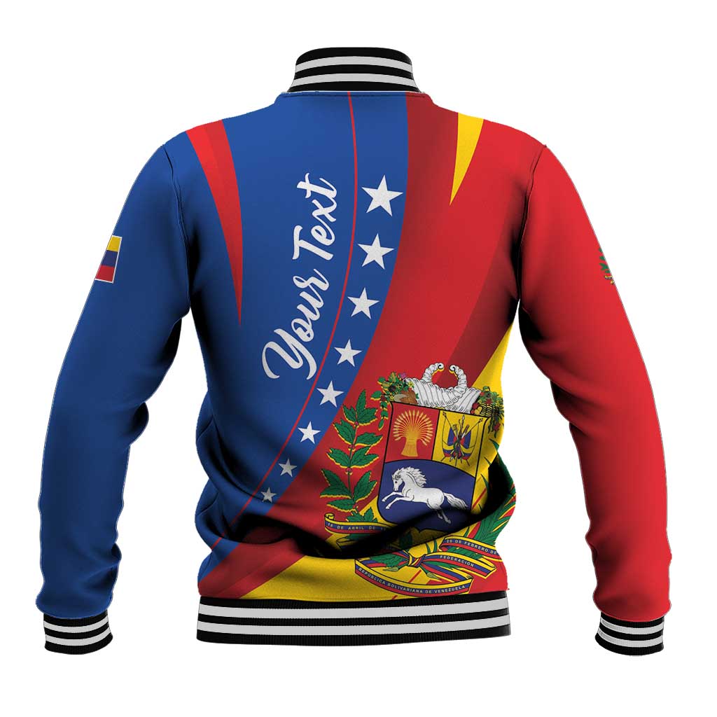 Venezuela baseball jacket with varsity stripe and crest graphic, striped ribbed cuffs.