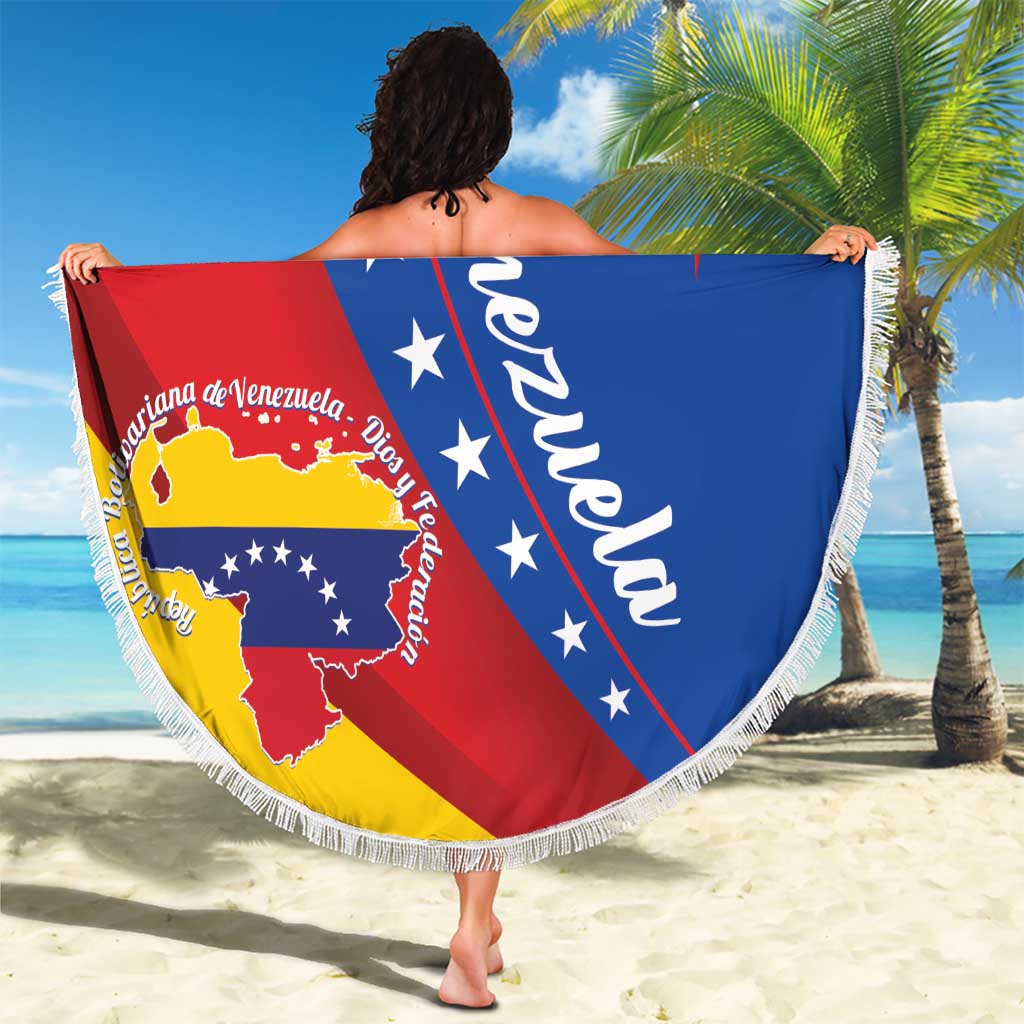 Venezuela beach blanket flag design with white fringe edge, held up on a beach