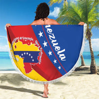 Venezuela beach blanket flag design with white fringe edge, held up on a beach