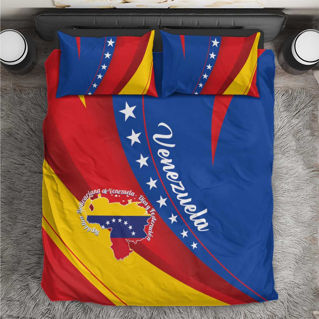 Venezuela flag style bedding set with two pillow shams and duvet cover in red, blue, yellow.