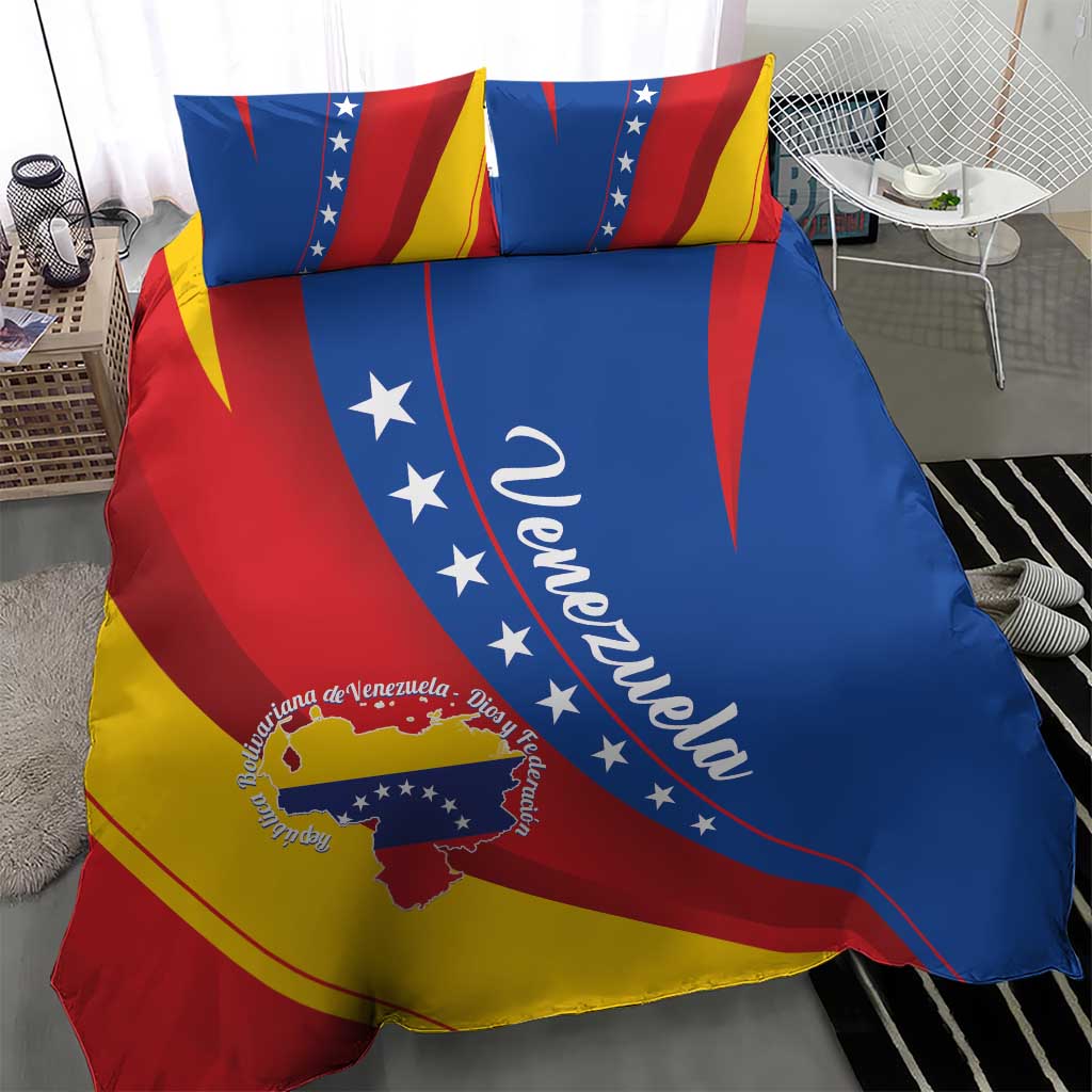 Venezuela-themed bedding set: duvet cover and two pillow shams with stars, stripes, crest.
