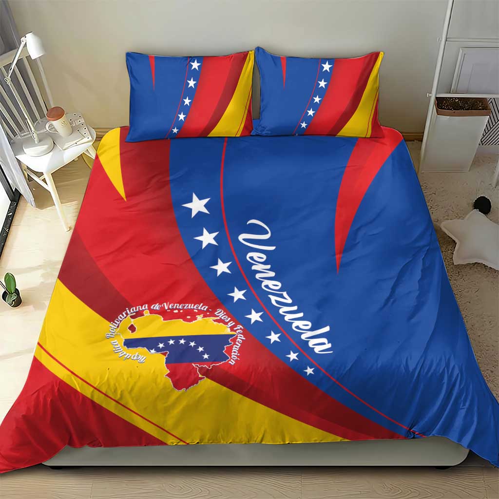 Venezuela bedding set with two matching pillow shams, blue-red-yellow flag design and script.