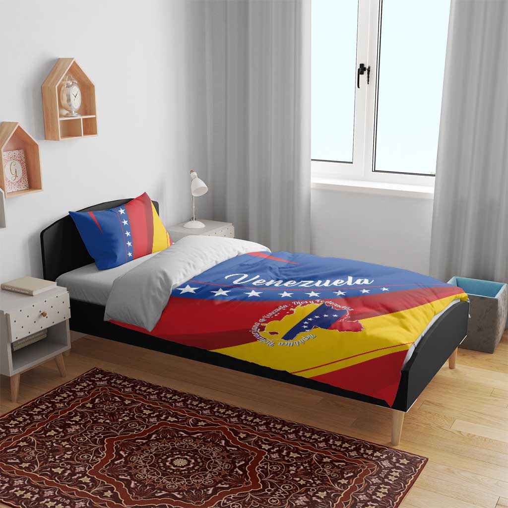Venezuela bedding set on bed with duvet cover and one pillow sham visible, flag pattern.