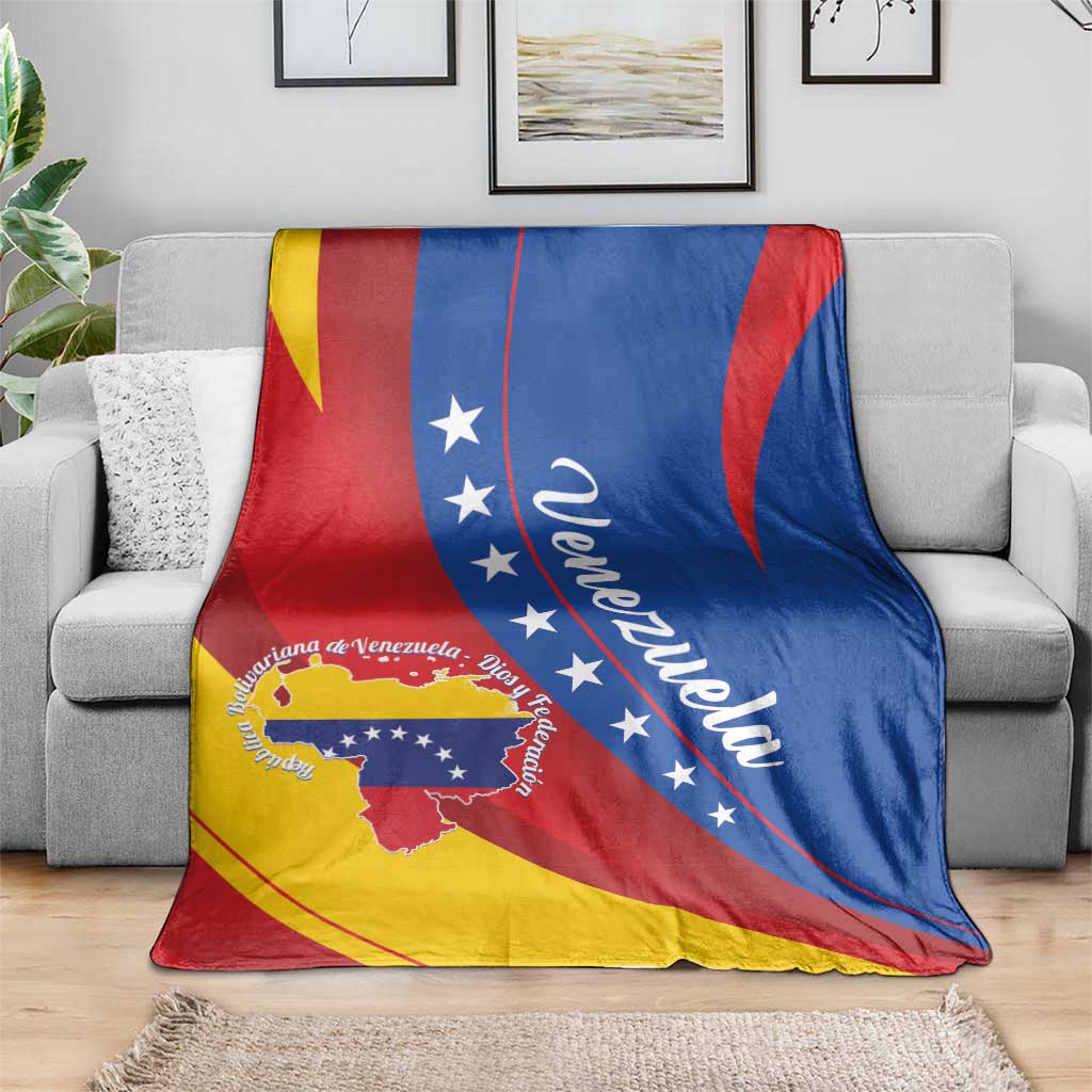 Venezuela flag throw blanket with red, blue, and yellow sections, stars, and map graphic