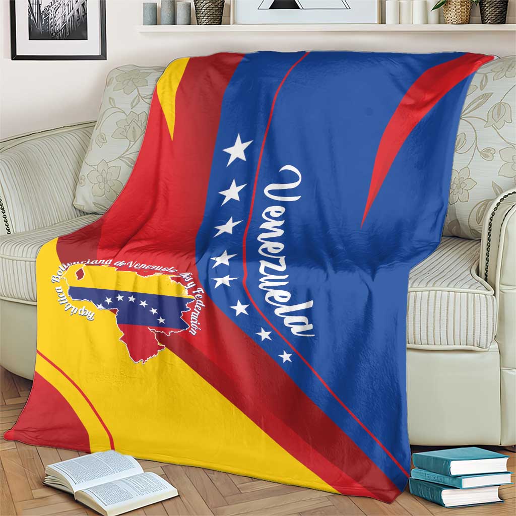 Venezuela flag throw blanket with map, stars, and curved text in red, blue, yellow