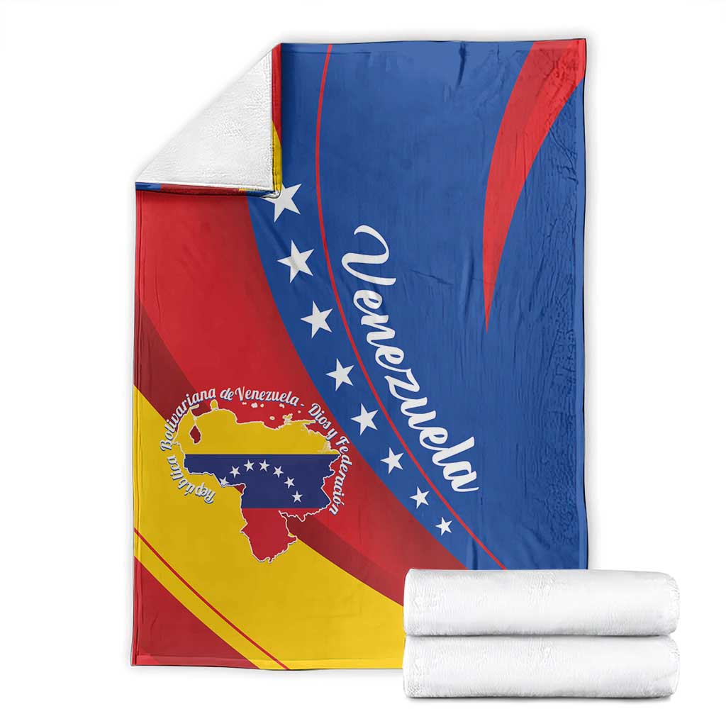 Venezuela flag throw blanket with star cluster, map graphic, and white curved lettering