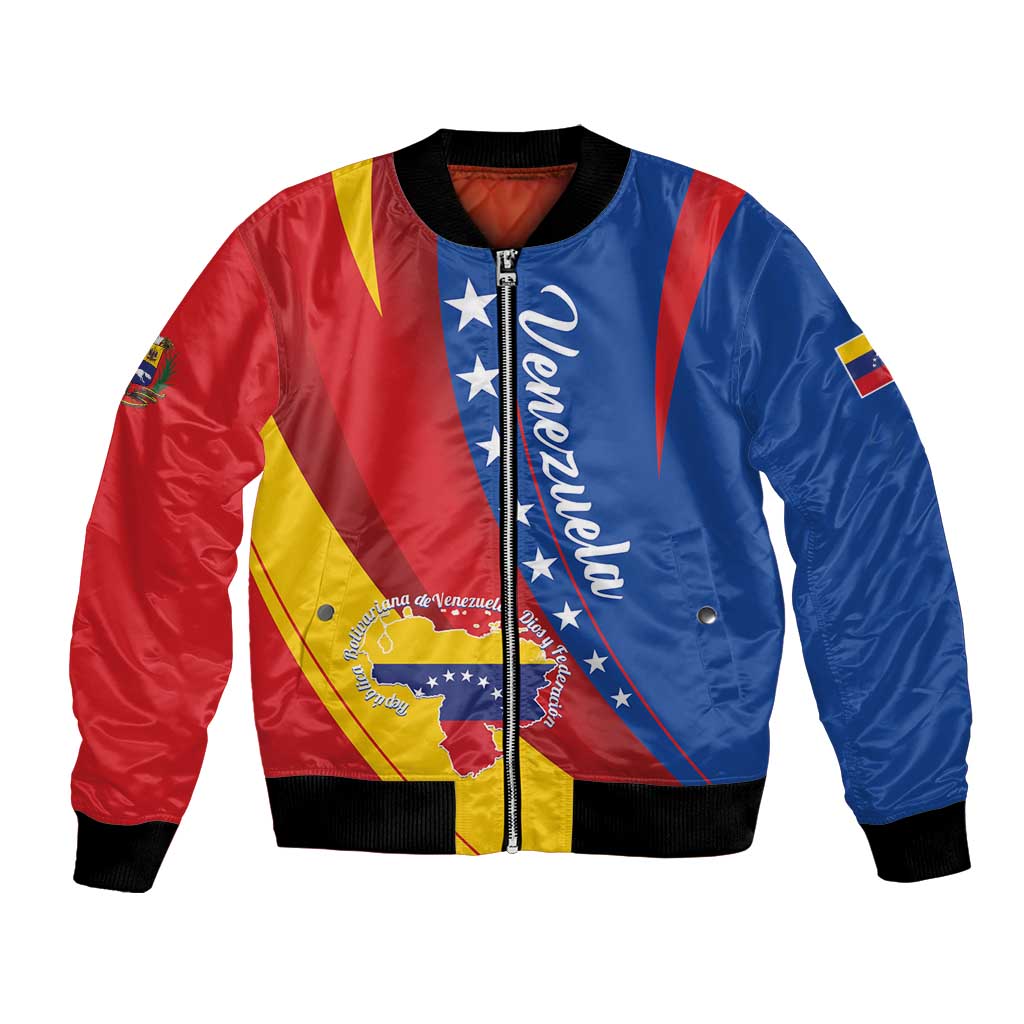 Colorful bomber jacket with Venezuela-inspired front graphic, zip-up, ribbed cuffs and hem