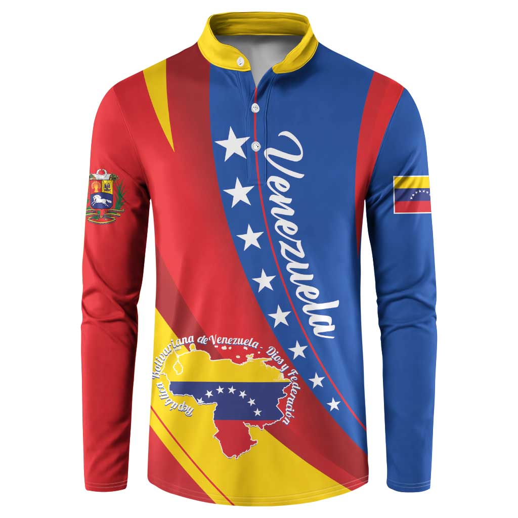 Front view colorful Venezuela flag button sweatshirt with yellow collar and buttons