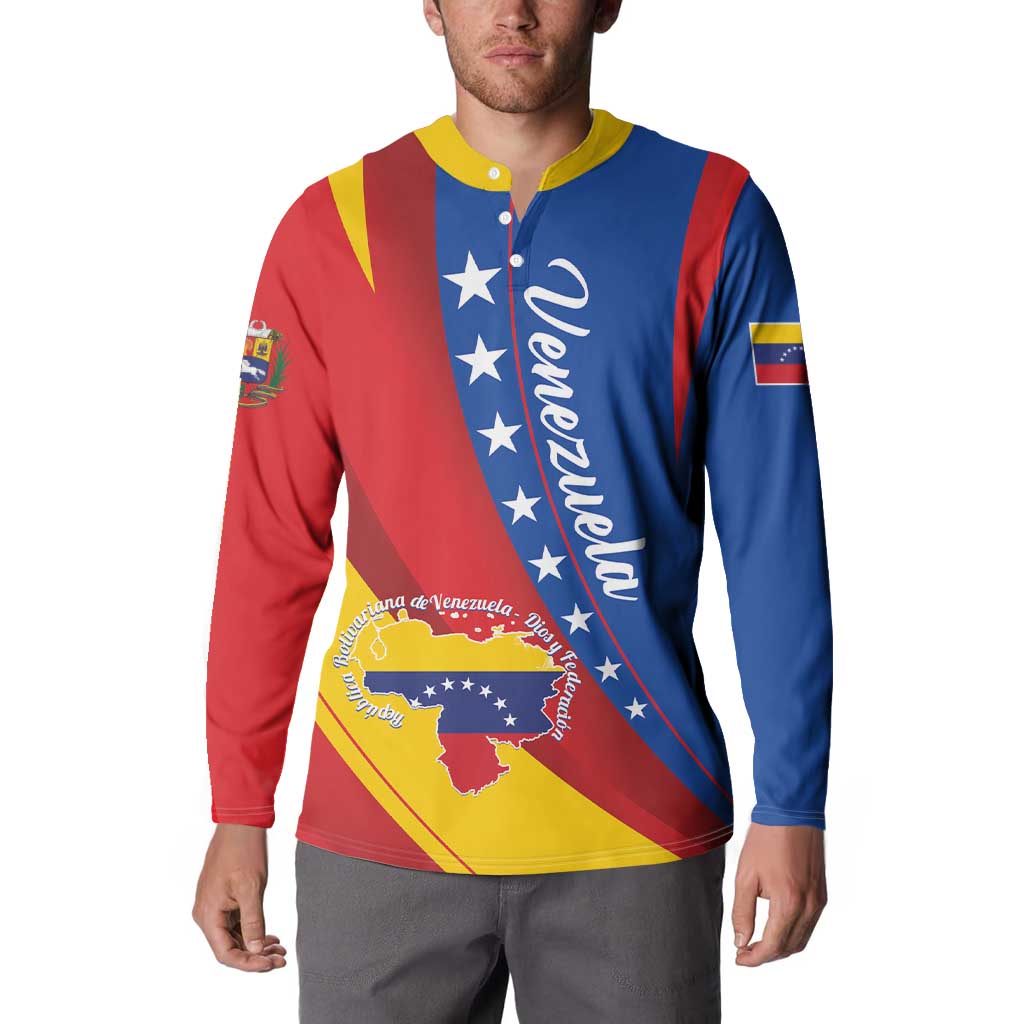 Colorful Venezuela flag button sweatshirt on model, long sleeves and chest graphic