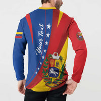 Back of colorful Venezuela flag button sweatshirt with vertical text and crest