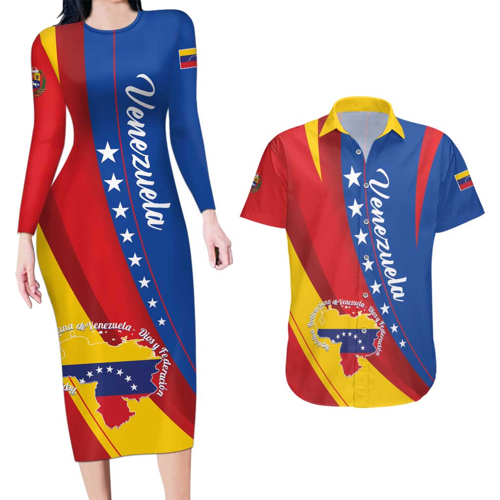 Personalized Venezuela Couples Matching Long Sleeve Bodycon Dress and Hawaiian Shirt Dios y Federacion Curve Star - Wonder Print Shop