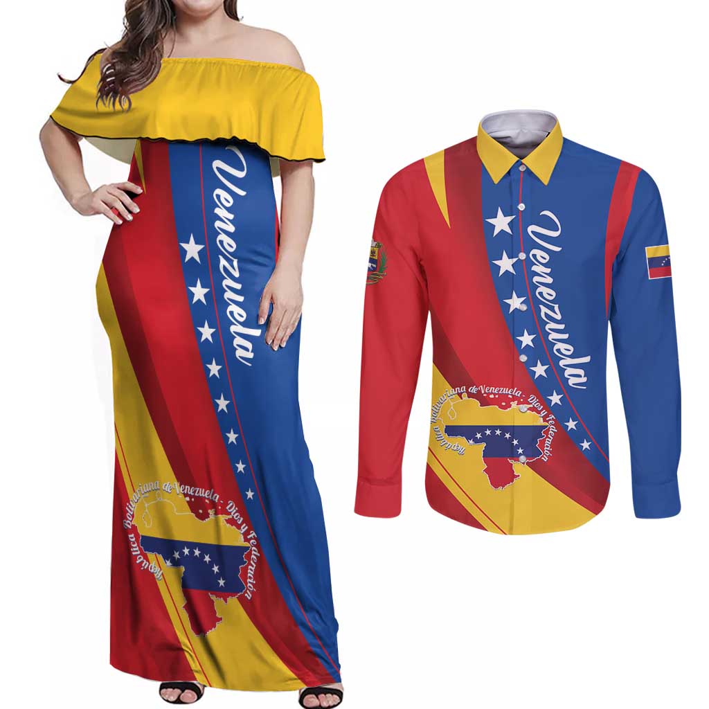 Personalized Venezuela Couples Matching Off Shoulder Maxi Dress and Long Sleeve Button Shirt Dios y Federacion Curve Star - Wonder Print Shop