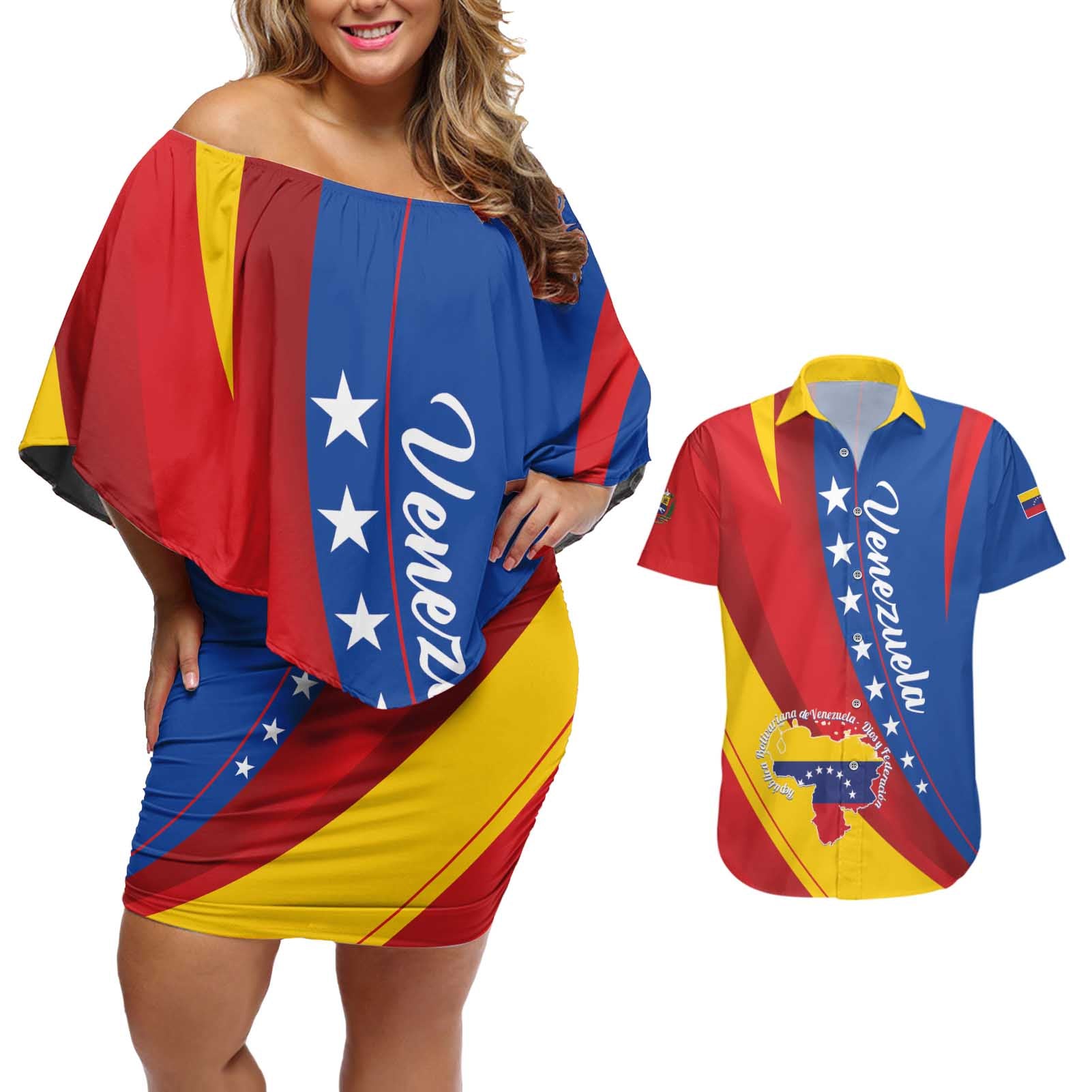 Personalized Venezuela Couples Matching Off Shoulder Short Dress and Hawaiian Shirt Dios y Federacion Curve Star - Wonder Print Shop