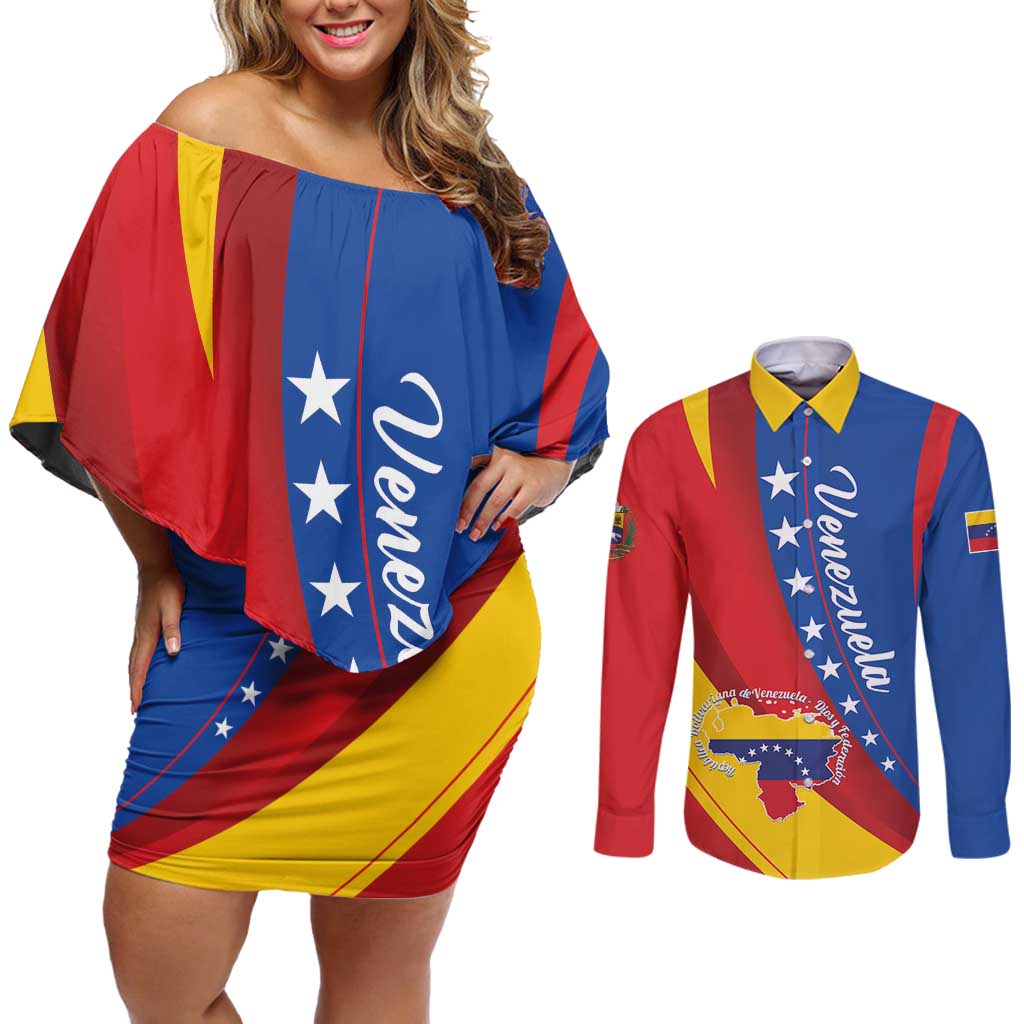 Personalized Venezuela Couples Matching Off Shoulder Short Dress and Long Sleeve Button Shirt Dios y Federacion Curve Star - Wonder Print Shop