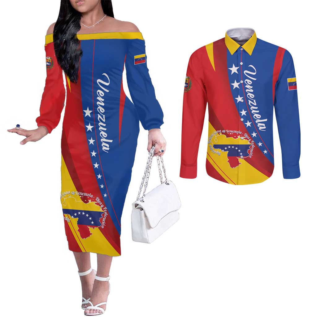 Personalized Venezuela Couples Matching Off The Shoulder Long Sleeve Dress and Long Sleeve Button Shirt Dios y Federacion Curve Star