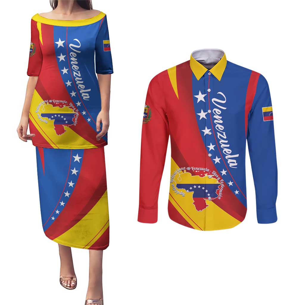 Personalized Venezuela Couples Matching Puletasi and Long Sleeve Button Shirt Dios y Federacion Curve Star - Wonder Print Shop