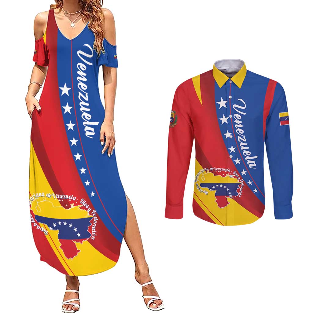 Personalized Venezuela Couples Matching Summer Maxi Dress and Long Sleeve Button Shirt Dios y Federacion Curve Star - Wonder Print Shop