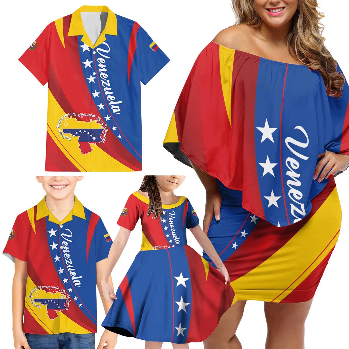 Personalized Venezuela Family Matching Off Shoulder Short Dress and Hawaiian Shirt Dios y Federacion Curve Star - Wonder Print Shop