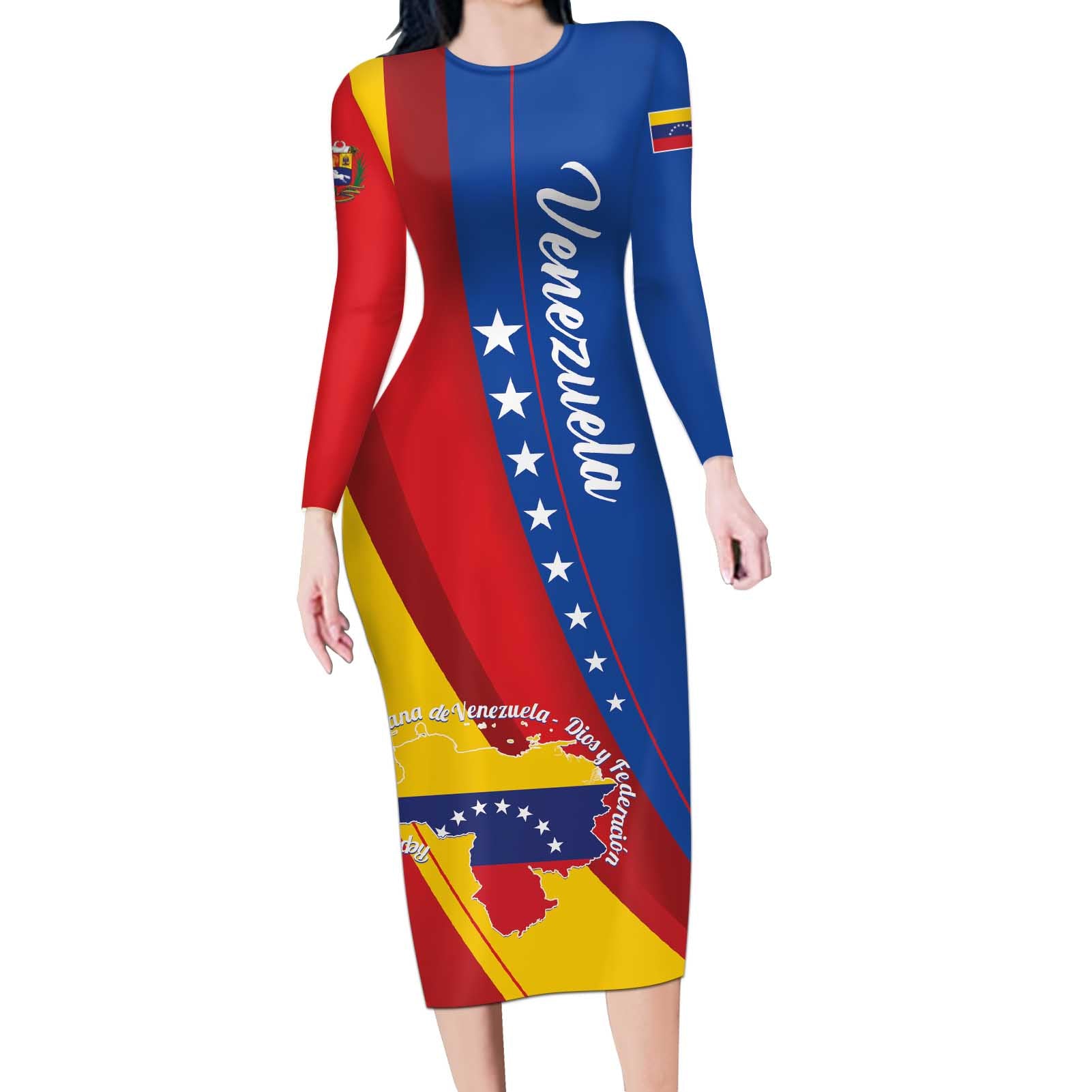 Personalized Venezuela Long Sleeve Bodycon Dress Dios y Federacion Curve Star - Wonder Print Shop