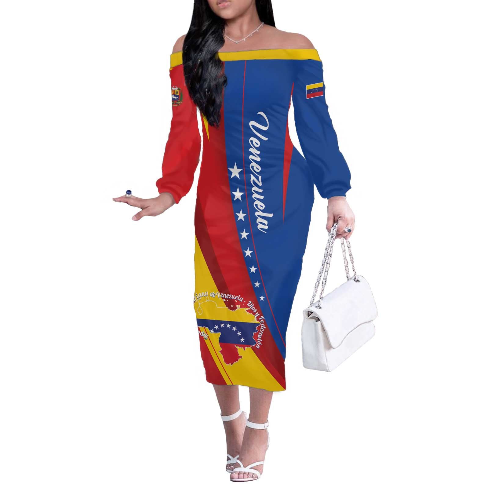 Personalized Venezuela Off The Shoulder Long Sleeve Dress Dios y Federacion Curve Star - Wonder Print Shop