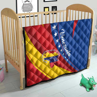 Venezuela themed quilt blanket on crib with red yellow blue diagonal stripes and star crest