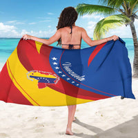 Blue sarong with Venezuela flag graphic draped; red and yellow curved accents