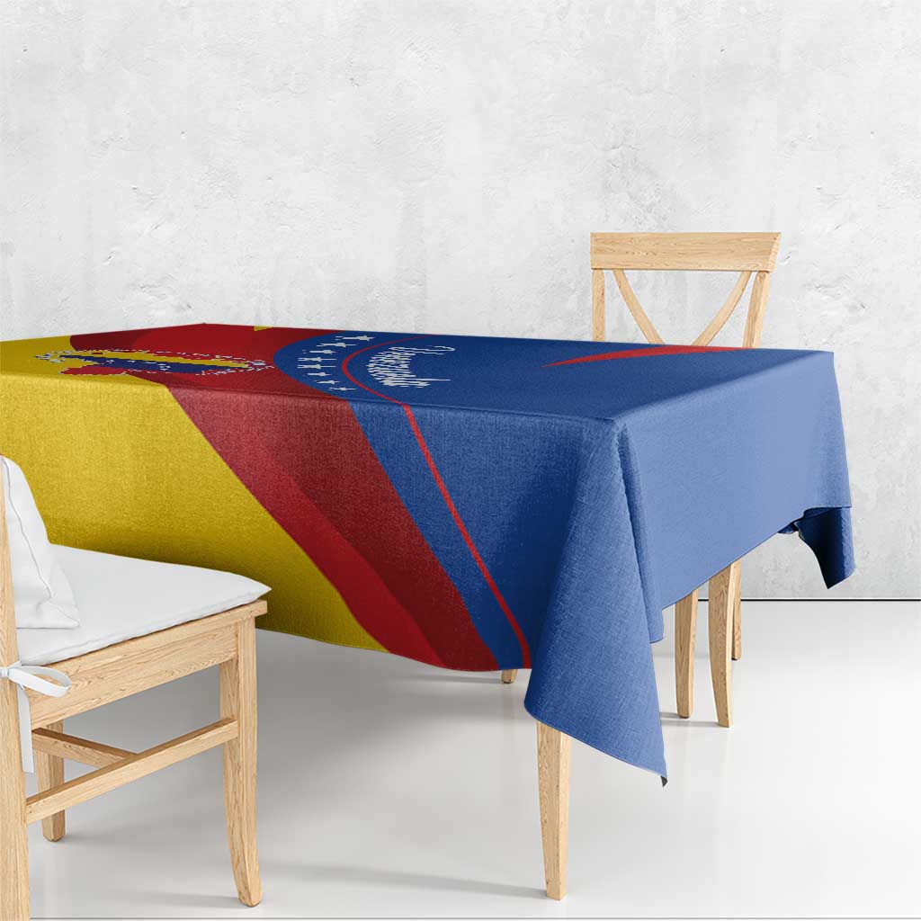 Rectangular Venezuela flag tablecloth draped on bench, blue right, yellow and red left bands