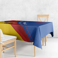 Rectangular Venezuela flag tablecloth draped on bench, blue right, yellow and red left bands