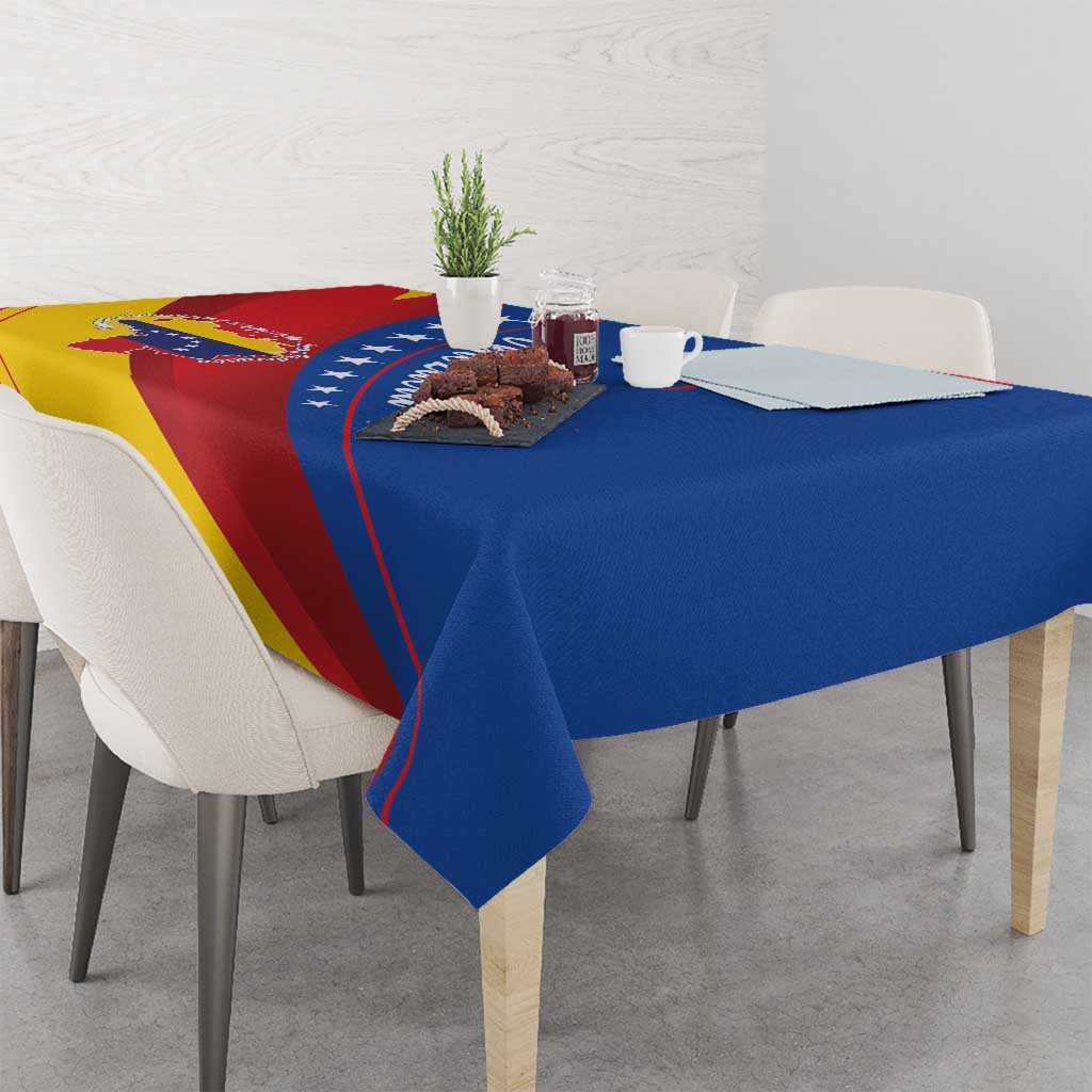 Venezuela flag tablecloth on dining table with cups, blue base with red and yellow stripes