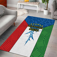 Colorful rectangular area rug with red, green, and blue panels and blue walking silhouette