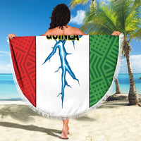 Round beach blanket with fringed edge, Equatorial Guinea flag graphic on colorful panels