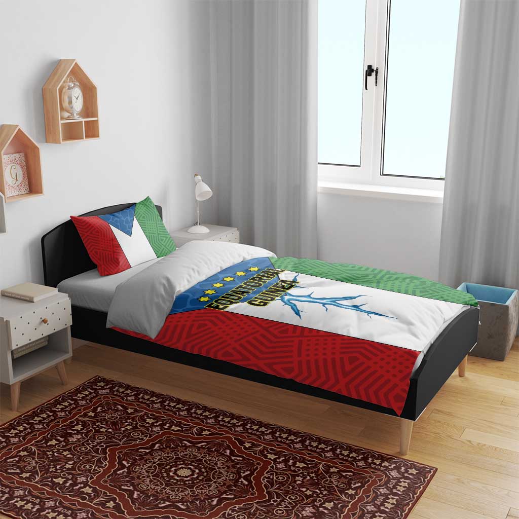 Colorful duvet cover and pillows with Equatorial Guinea graphic in red, blue, green