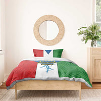 Colorful bedding set with Equatorial Guinea design on duvet cover and matching red, blue, green pillows