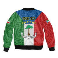 Colorful bomber jacket back graphic with 'YOUR TEXT' and crest, black rib hem