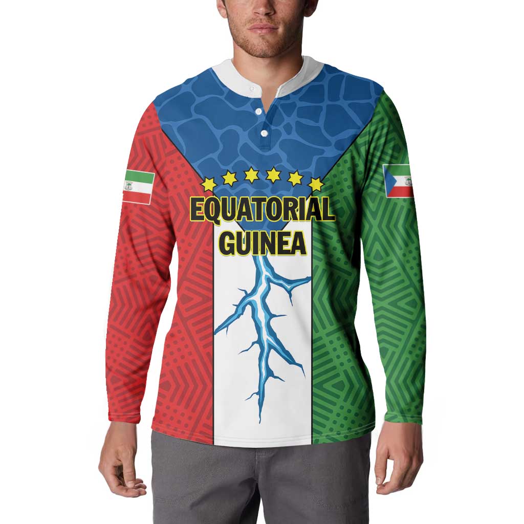 Colorful button sweatshirt on model, Equatorial Guinea front graphic with stars