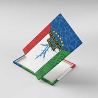 Rotated Equatorial Guinea flag canvas print with gold stars and blue figure silhouette