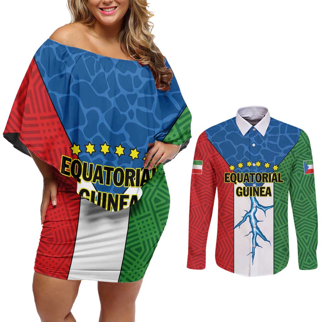 Personalized Equatorial Guinea Couples Matching Off Shoulder Short Dress and Long Sleeve Button Shirt Unidad Paz Justicia - Wonder Print Shop