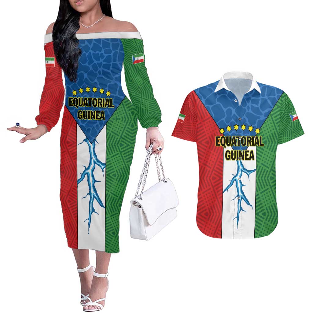 Personalized Equatorial Guinea Couples Matching Off The Shoulder Long Sleeve Dress and Hawaiian Shirt Unidad Paz Justicia - Wonder Print Shop