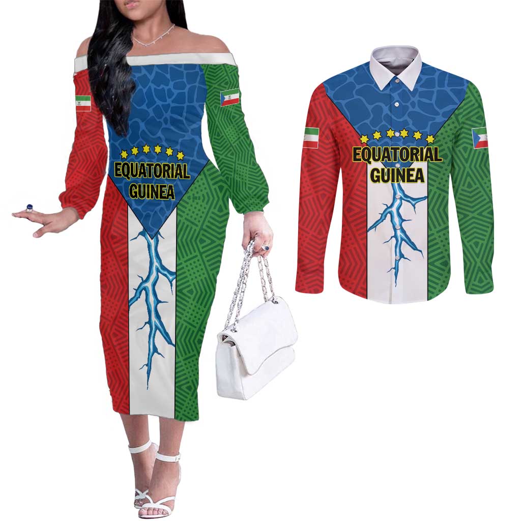 Personalized Equatorial Guinea Couples Matching Off The Shoulder Long Sleeve Dress and Long Sleeve Button Shirt Unidad Paz Justicia