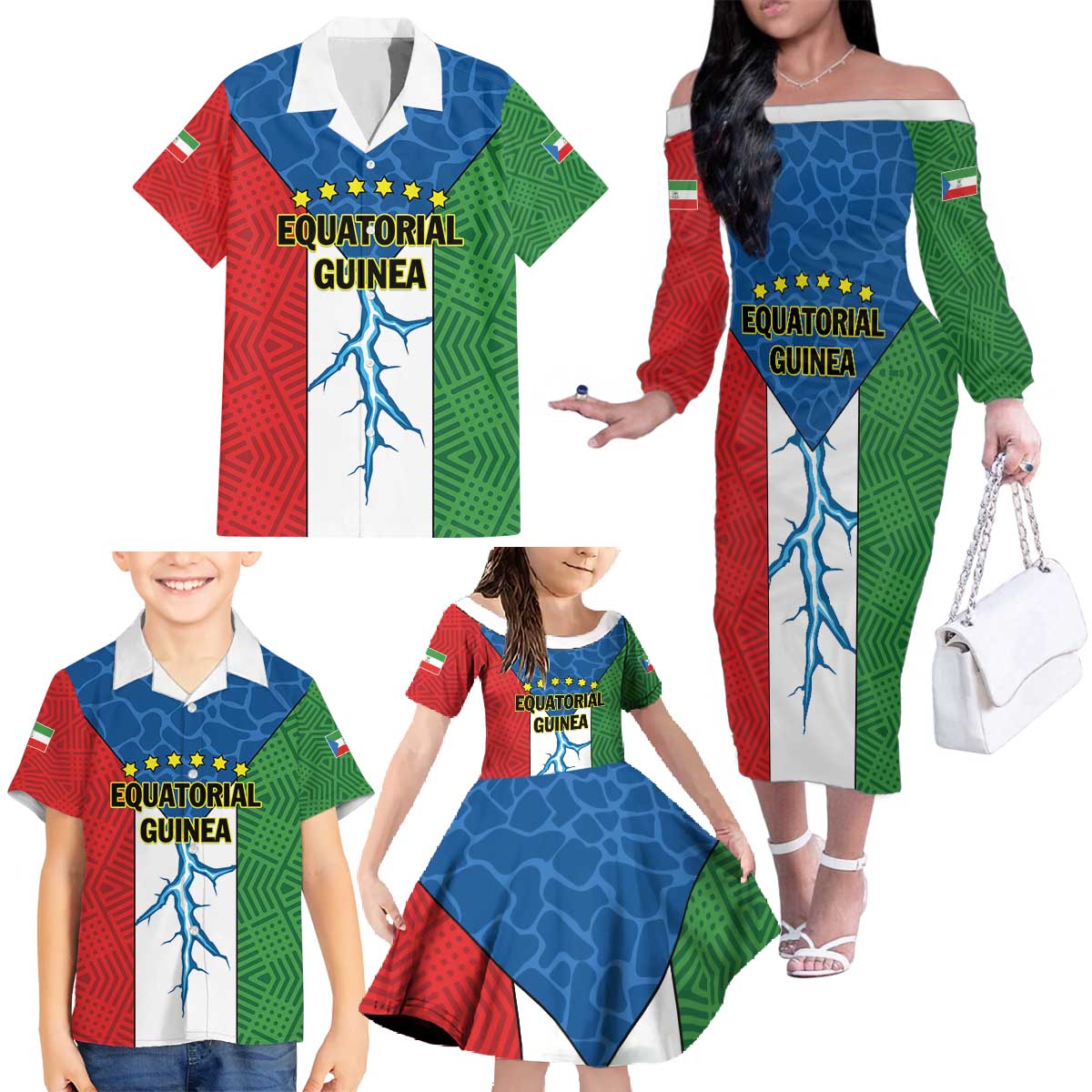 Personalized Equatorial Guinea Family Matching Off The Shoulder Long Sleeve Dress and Hawaiian Shirt Unidad Paz Justicia - Wonder Print Shop