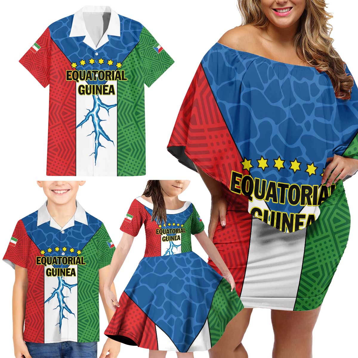 Personalized Equatorial Guinea Family Matching Off Shoulder Short Dress and Hawaiian Shirt Unidad Paz Justicia - Wonder Print Shop