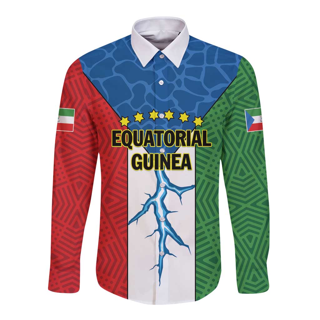 Colorful long-sleeve button shirt with 'EQUATORIAL GUINEA' and blue figure graphic