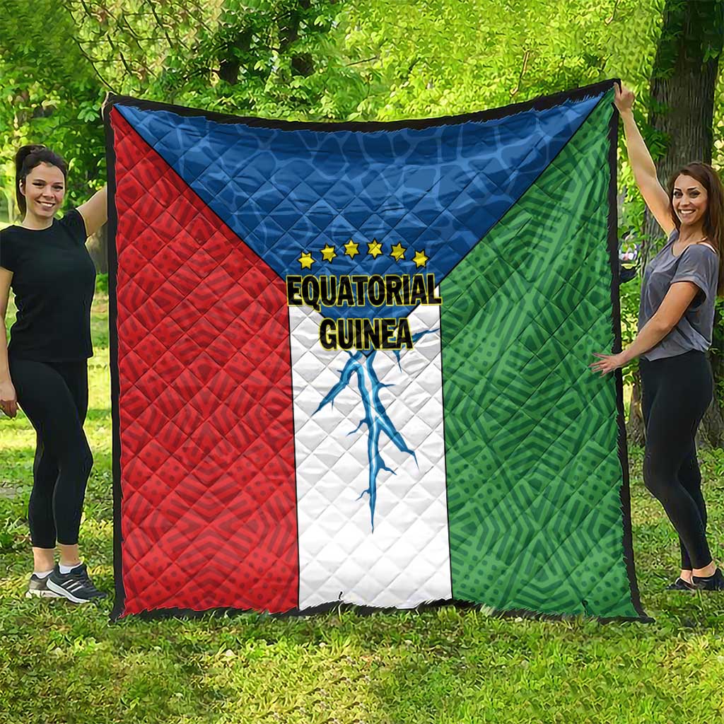 Equatorial Guinea flag quilt, quilted red/blue/green panels with central text and figure