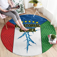 Round rug with blue map lines and gold stars, red and green patterned side panels