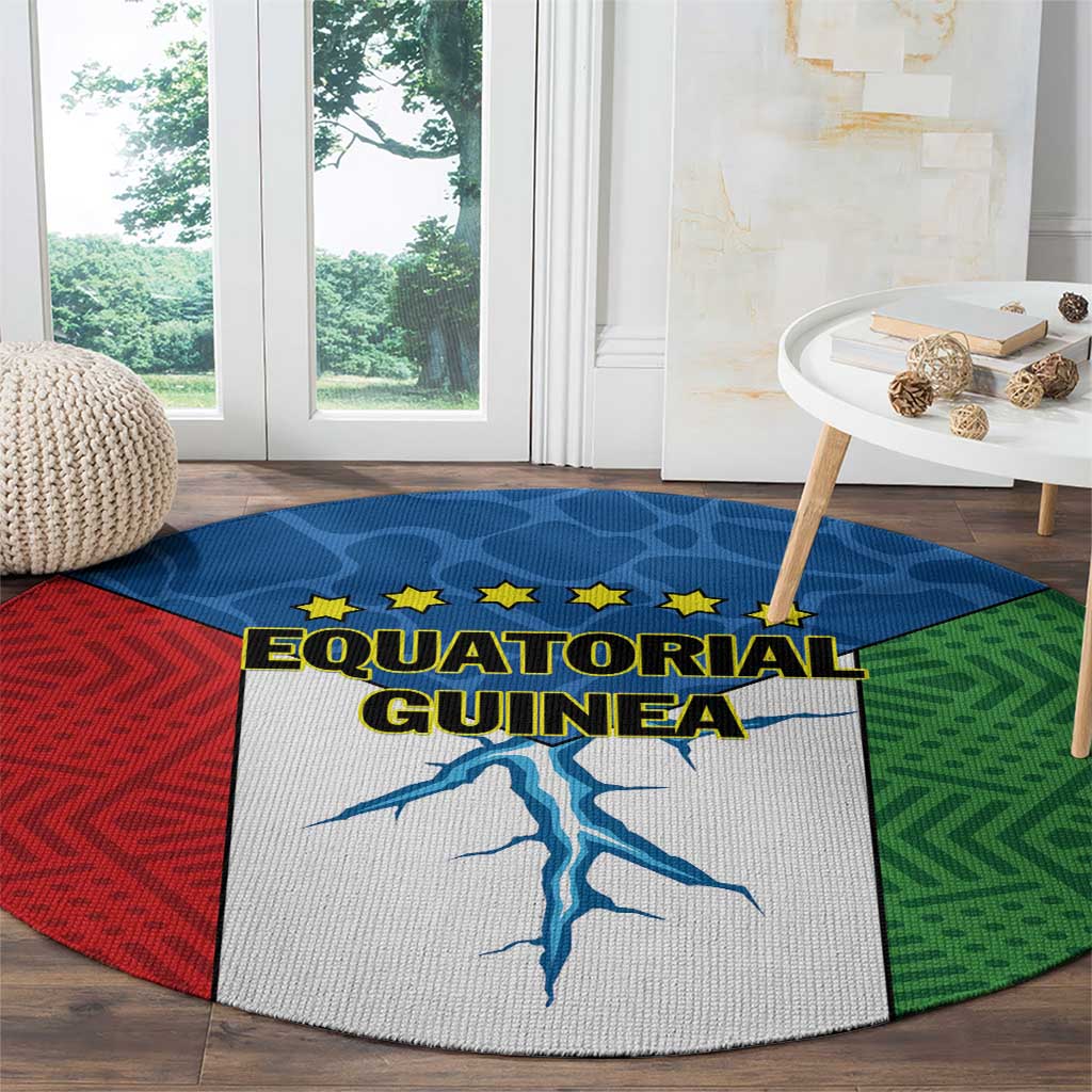 Round rug with blue map emblem, gold stars, and red green blue segments in geometric pattern