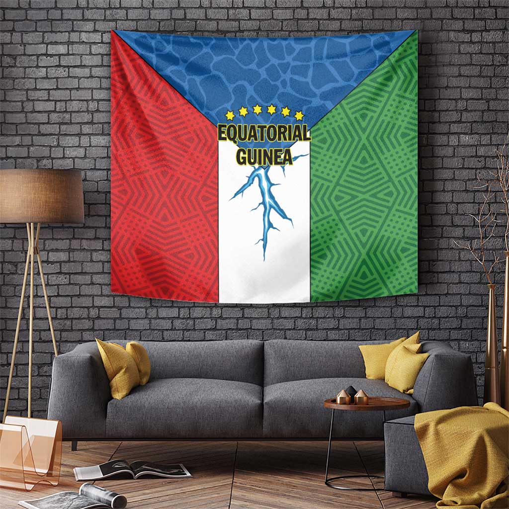 Equatorial Guinea tapestry with red, blue, and green geometric panels and central figure logo