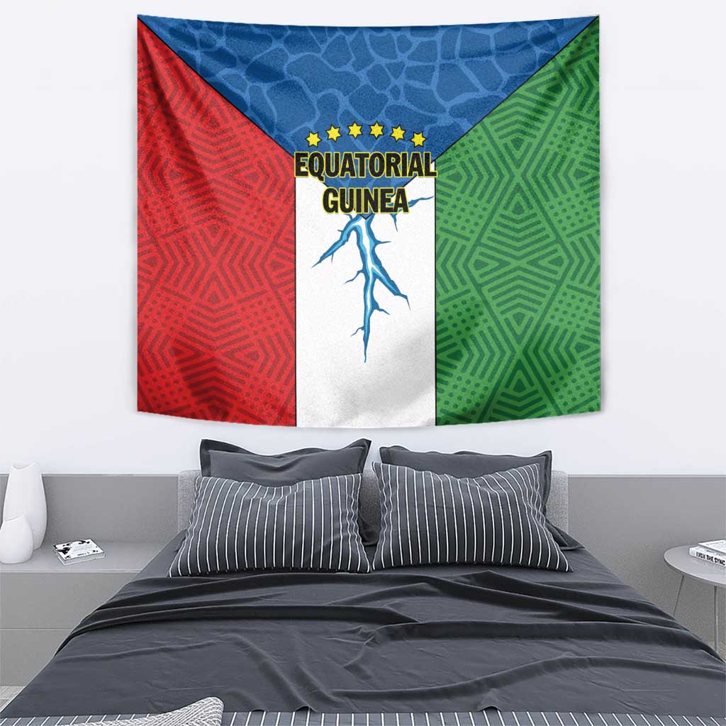 Equatorial Guinea tapestry featuring red, blue, and green patterned side panels with white center