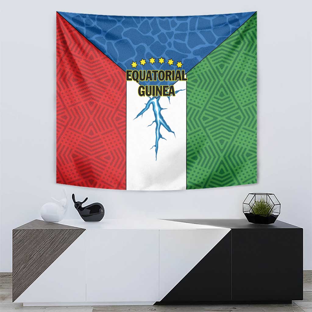 Equatorial Guinea tapestry showing yellow stars, text, and a blue human figure on white